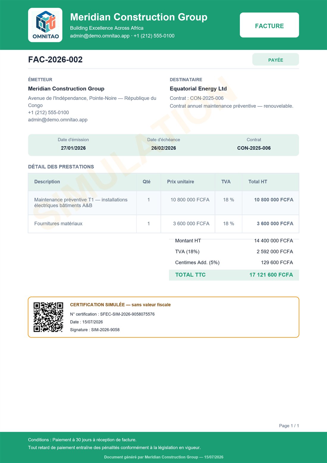Facture PDF OmniTao avec logo, TVA par ligne et QR code